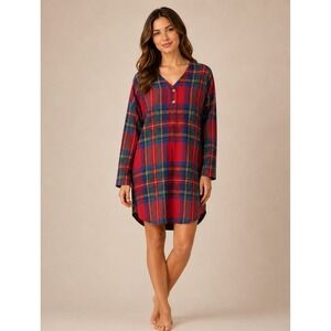Vintage 90s Montage Plaid Henley Sleep Shirt‎ XL Red Cotton Flannel Cabincore